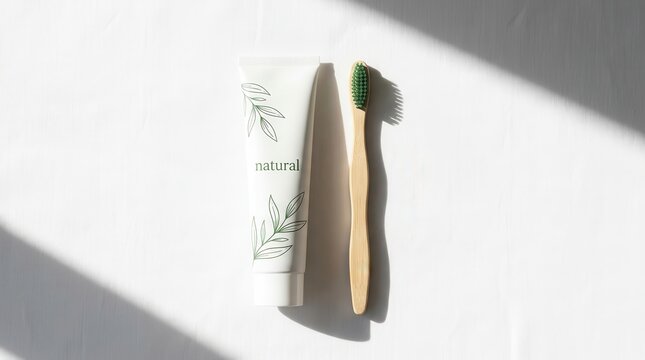 Natural toothpaste tube and bamboo toothbrush on a white background for eco friendly dental care.