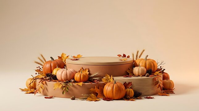 Autumn podium product display with pumpkins and fall leaves on a neutral beige background