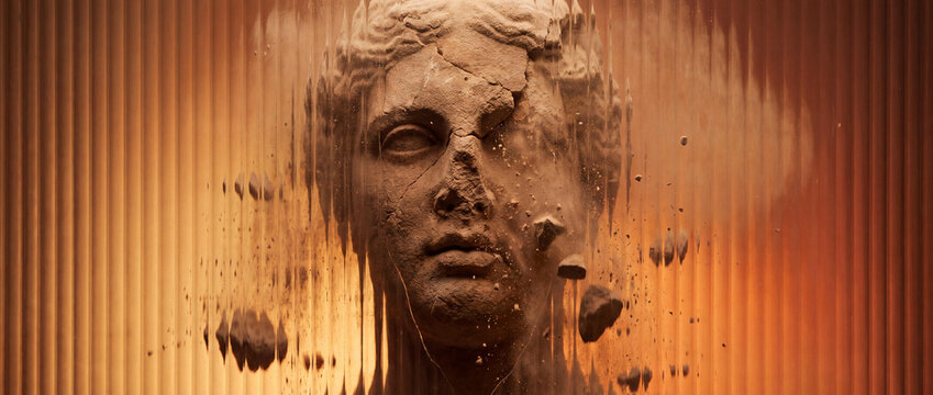 Athens Ancient Greek Marble Statue Fragmenting Behind Textured Reeded Glass with Warm Cinematic Lighting