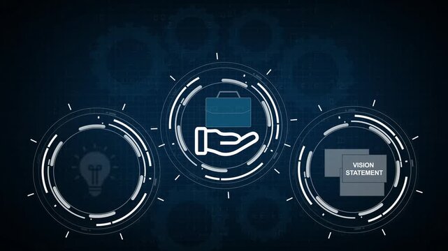 Dark blue digital background with connected circular icons for innovation, business support, and vision statement planning.