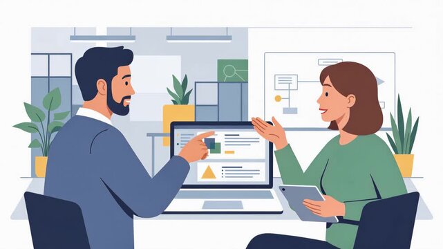 Flat vector illustration showing developers collaborating on a coding project, discussing software design and programming interfaces while examining a laptop screen, 4K video