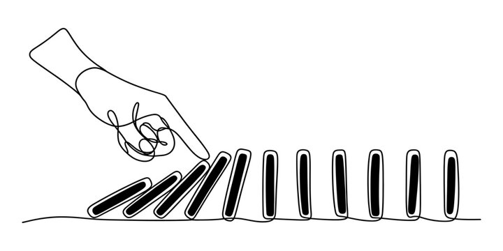 Human hand pushing a row of dominoes causing a chain reaction line art