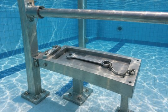Metal practice wrench tethered to a submerged work tray beneath a handrail in a clear blue training pool with sunlit tile patterns