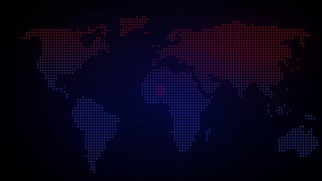 Glowing dotted world map in blue and red on a dark background, showing global connection, technology, data, travel and international business