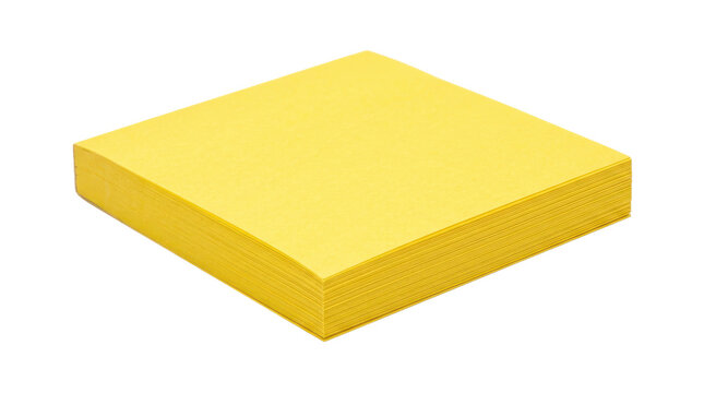 Small square pad of yellow sticky notes with neatly stacked paper sheets and crisp edges, classic office reminder stationery. Photorealistic studio product photography, slightly elevated three-quarter