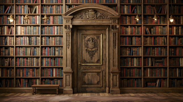 Classic wooden door surrounded by many old books on tall shelves in a dark antique library room