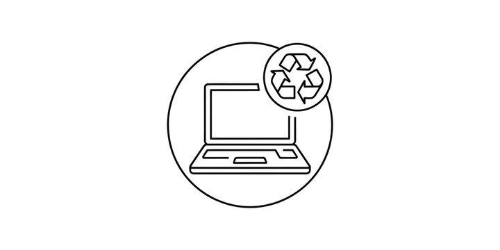 Black and white line icon of a laptop computer with a recycling symbol sign