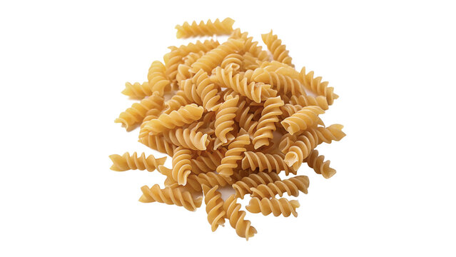 Group layout of dry fusilli pasta spiral italian carbohydrate wheat culinary isolated on transparent background