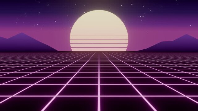 Retro synthwave sunset with neon grid loop 80s style background