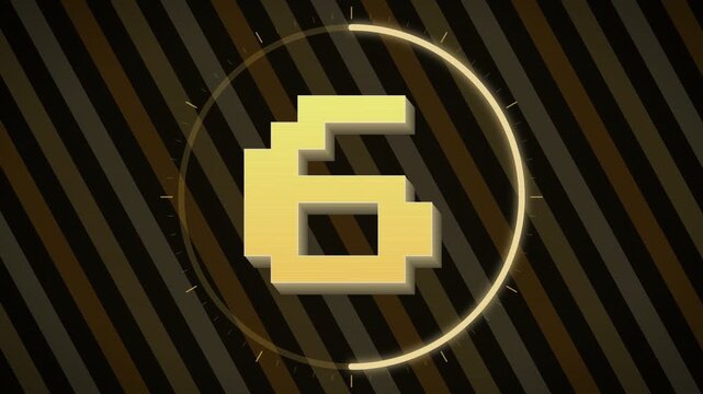 Digital countdown timer showing numbers 10, 5, and 0 in pixelated golden font with glowing circular frames against a striped background
