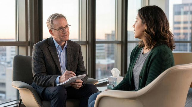 Male therapist taking notes during mental health counseling session with female patient.