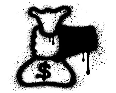 Graffiti of a hand holding a money bag.