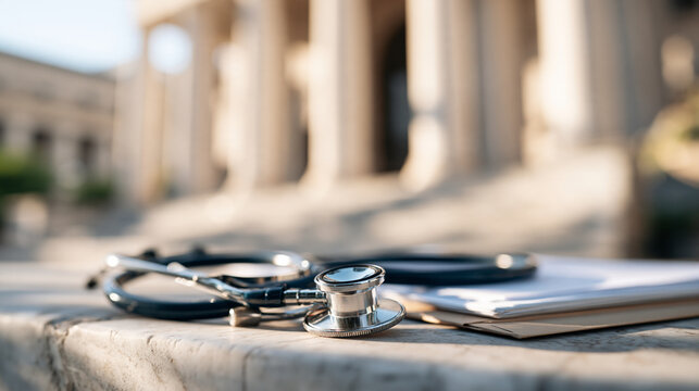 Stethoscope placed on a clean stone ledge before a softly blurred generic government building medium still life focused on the metal chestpiece and dark tubing with broad columns