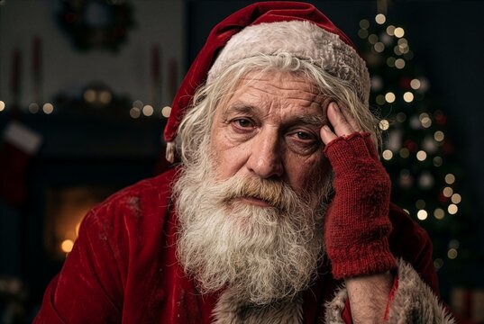 Tired Santa Claus after a long holiday night, suitable for Christmas fatigue, seasonal humor, winter campaigns, holiday stress and relatable festive content.