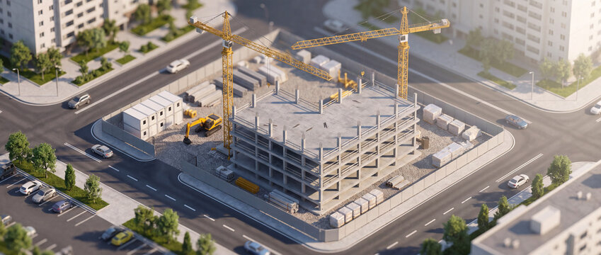 Construction site with concrete building and cranes in a miniature tilt-shift city block, featuring modular cabins, an excavator, and materials for architectural planning concepts