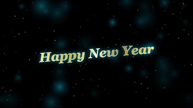 Happy new year gold text on dark background with bokeh