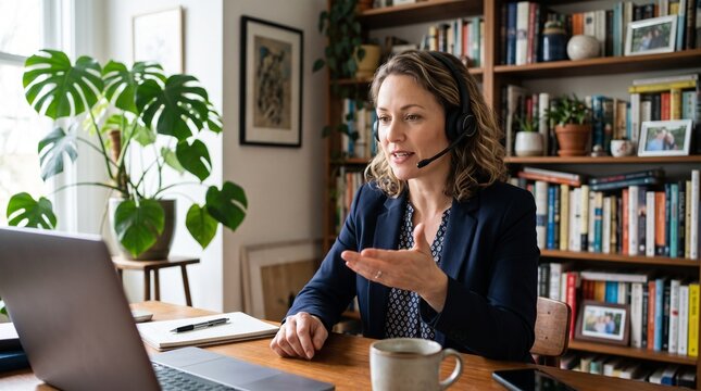 remote worker female professional home office setup wearing headset microphone headset online meeting virtual conference laptop computer webinar presenter customer support