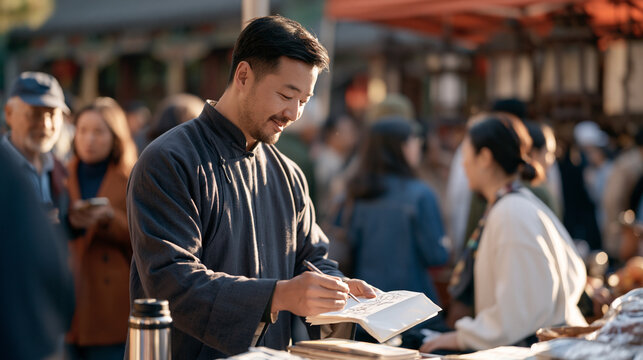 A lamplighter sketches a restoration idea on a folded paper napkin at a colorful heritage market stall, a thermos of tea wedged between cobblestones as a multicultural crowd mills