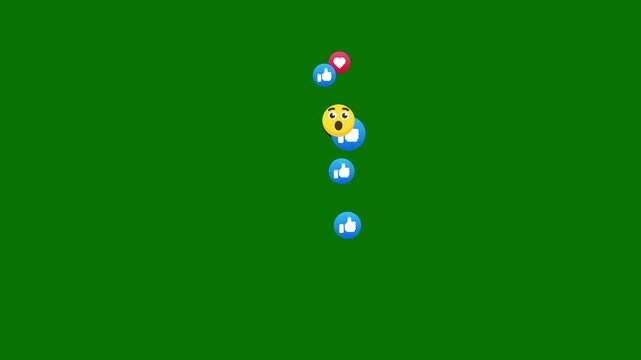 Emoji social media element, colorful icons moving from bottom to top with transparent alpha channel, like, love, and heart-eye emojis, transparent green screen background, 4k video