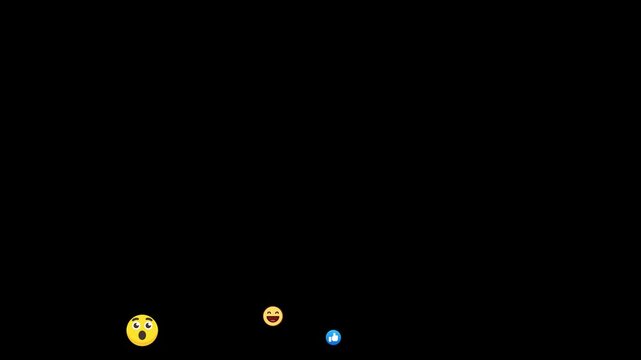 Floating social media style emojis on a black background, like, heart, ha ha animation flying moving upwards direction while chatting and streaming meetups, 4k video