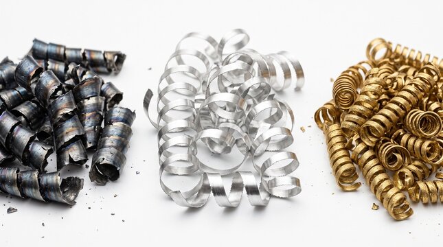 Metal Swarf Chips - 3D illustration of Collection of different types of metal swarf chips
on a white background