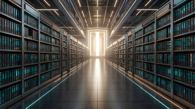 Long dark corridor with tall bookshelves in a modern library with bright light at the end hallway