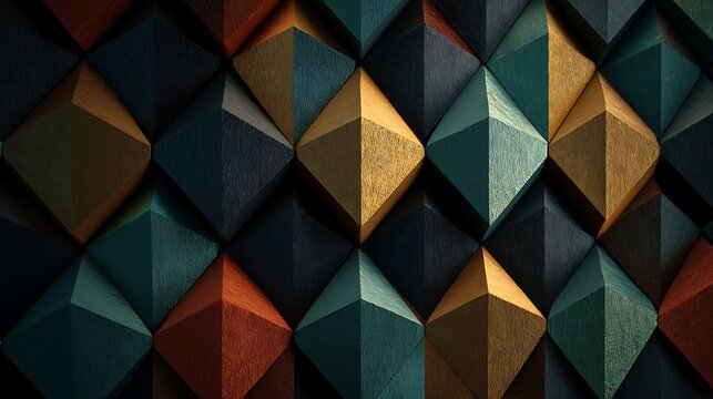 Geometric 3 d pattern of interlocking wooden pyramids in muted tones