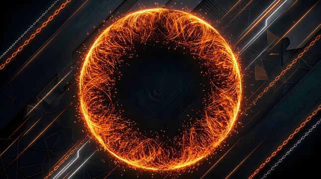 Glowing orange fire ring with digital circuit lines on a dark black technology background