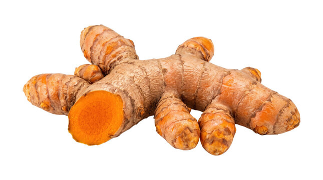 Fresh turmeric root exposed with vibrant orange interior on a transparent background