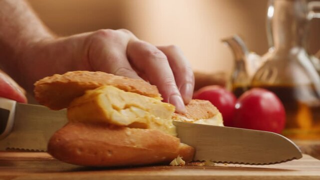 Sandwich assortment of Spanish bocadillos with jamon serrano, tortilla omelette and tomato mozzarella in crusty baguette, close up food for cafe breakfast menu