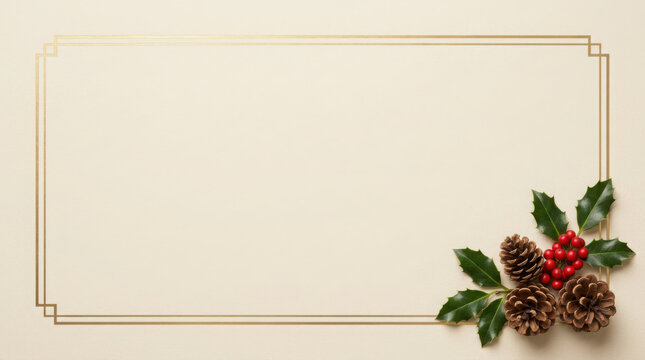 Christmas frame with pine cones, holly berries and double golden border on cream generated using ai