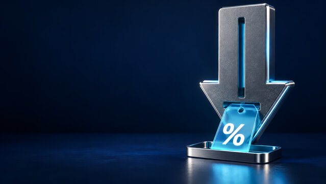 Downward metal arrow with a glowing percent tag