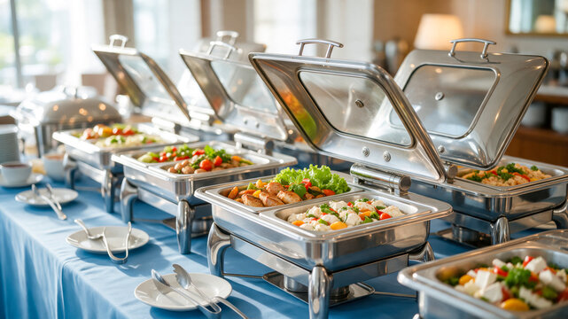 Luxurious Buffet Spread with Chafing Dishes Filled with Hot and Cold Foods