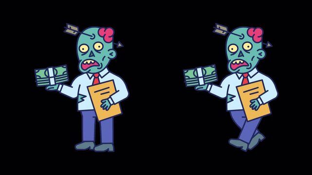 Businessman zombie holds wad of money folder and walks. Transparent background