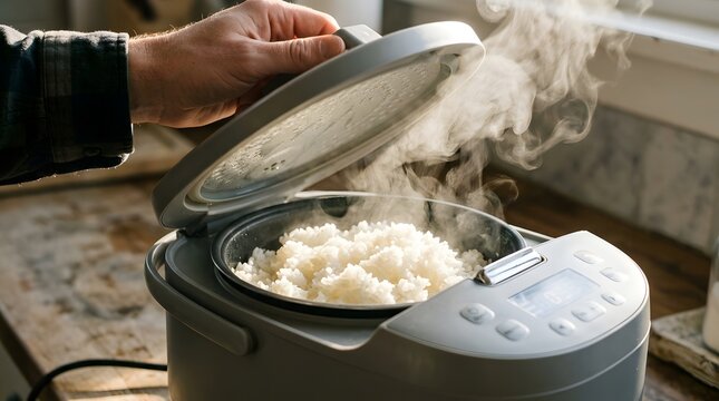 Rice cooker releasing hot white steam from freshly cooked fluffy grains in a rustic kitchen.