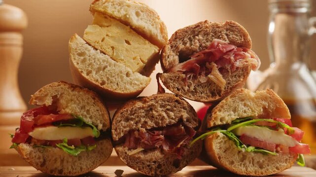 Sandwich assortment of Spanish bocadillos with jamon serrano, tortilla omelette and tomato mozzarella in crusty baguette, close up food for cafe breakfast menu