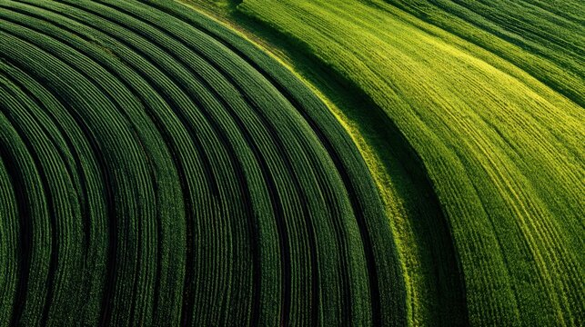 Rolling Green Hills of Farmland: Abstract patterns of verdant green fields undulate across the landscape, sculpted by the gentle curves of agricultural cultivation and bathed in soft, natural light.