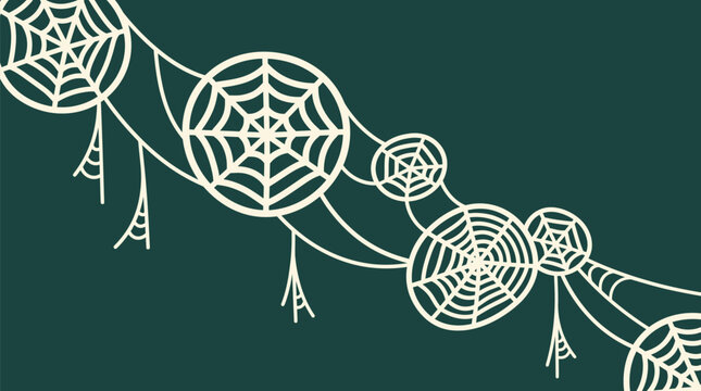 Halloween background vector illustration featuring decorative cream spiderweb garlands and hanging web strands set against a dark teal textured night backdrop
