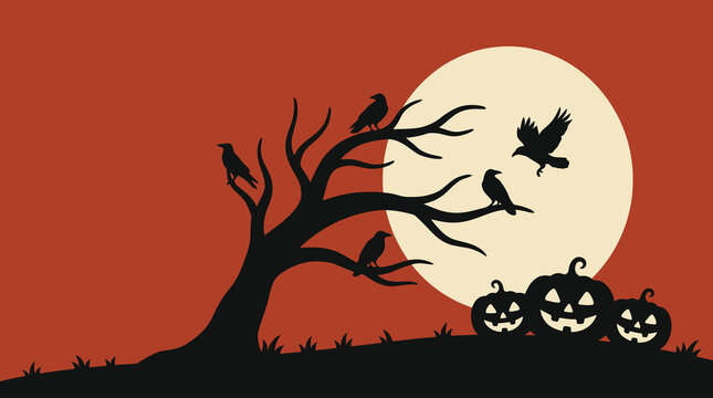 Halloween background vector illustration featuring a large light cream full moon, silhouetted bare tree, perched crows, and carved jack o lanterns against a textured red night sky