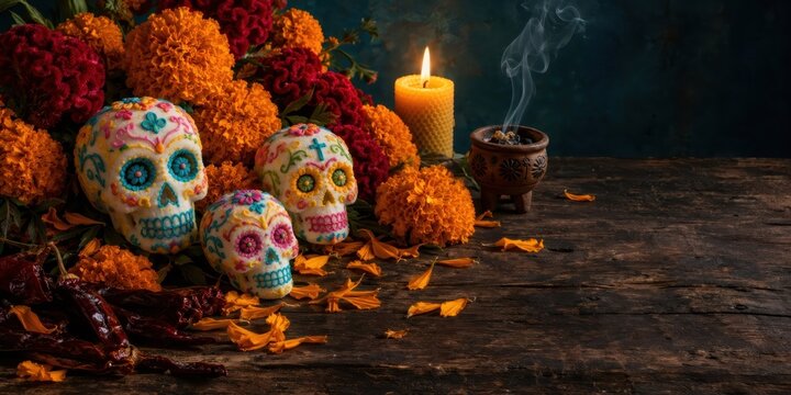 Decorated sugar skulls among marigolds beside a candle and incense burner. Day of the Dead altar still life. Mexican cultural remembrance and honoring the deceased.