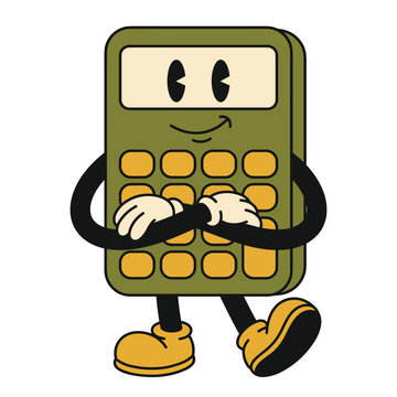 Retro Cartoon Calculator Character with Crossed Arms and Cheerful Expression
