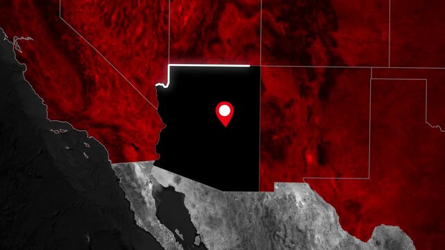 Arizona Geographic Map Reveal with Illuminated State Outline, Central Location Marker, and Dramatic Red Satellite Terrain Background