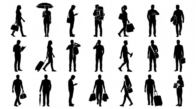 Urban people silhouettes set of 21 vector figures, walking and standing pedestrians with bags, black flat human scale figures for architecture