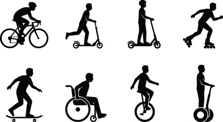 Set of personal micromobility and alternative urban transport black and white silhouette vector icons © MstKhadija