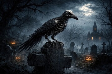 Naklejka premium Eerie raven in moonlit graveyard.