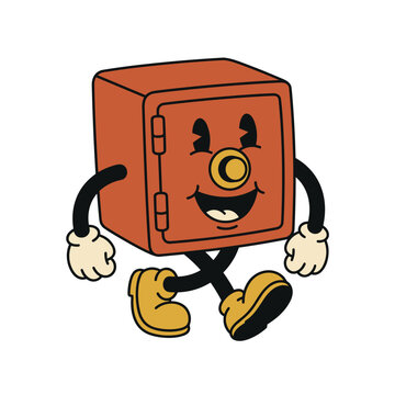 Retro Animated Safe Character Walking Happily with Vintage Style