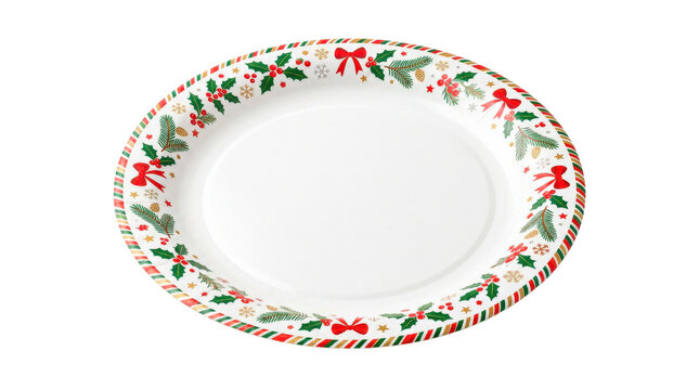 Holiday themed paper plate &mdash; Photorealistic holiday paper plate, round disposable plate with generic festive border pattern and clean food-safe surface; top three-quarter view, crisp print detail,