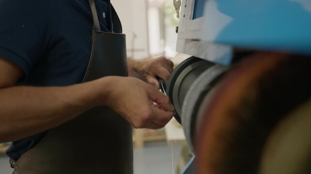 Man sharpen knife on grinding machine in workshop