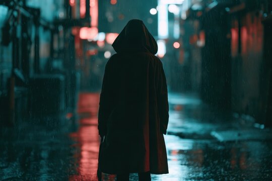 Silhouetted Hooded Person in Wet City Street with Neon Reflections