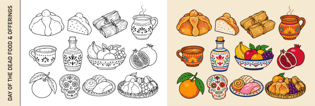 Day of the Dead food and offering vector set with pan de muerto, fruit, drinks and traditional treats